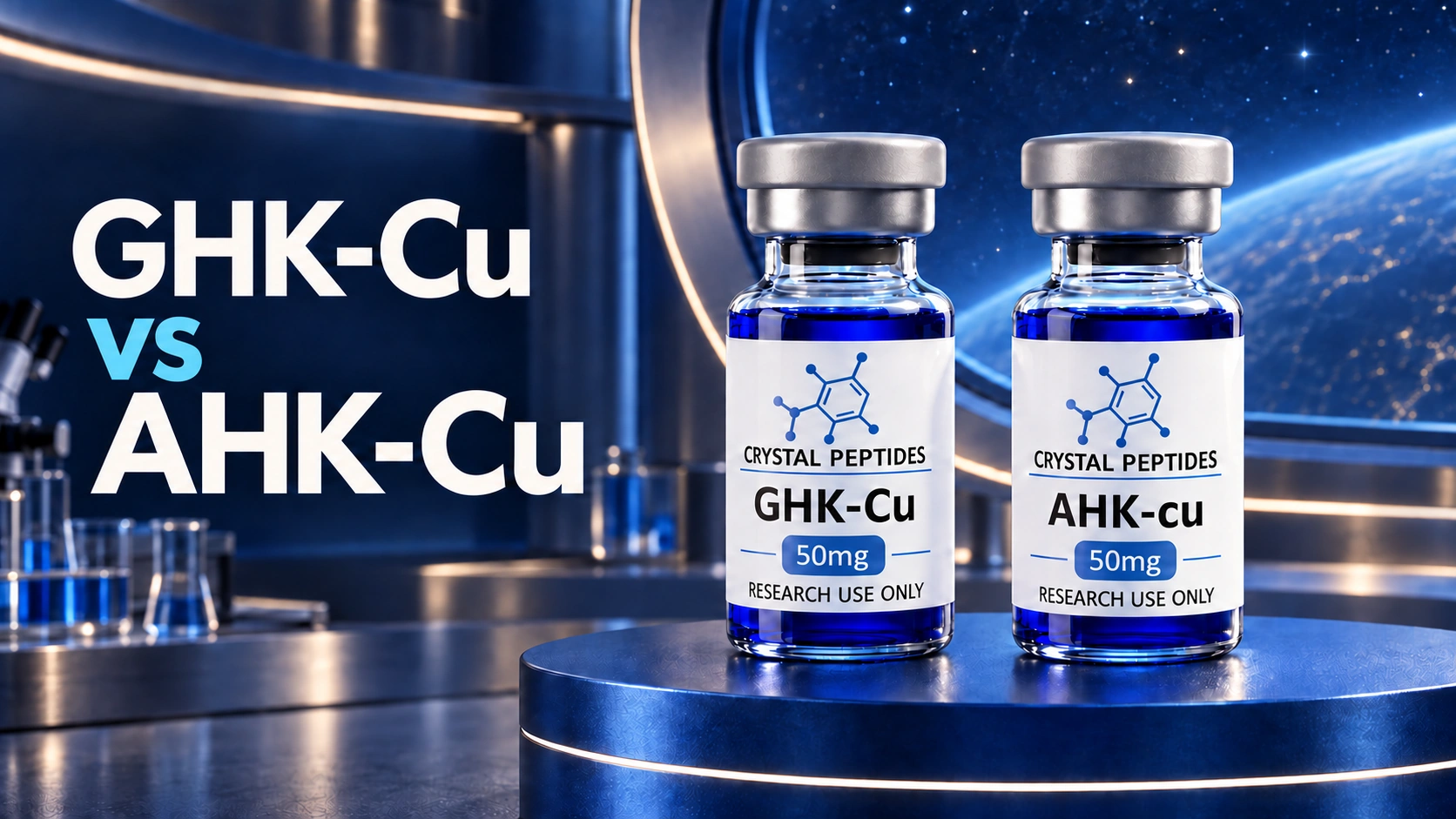 GHK-Cu and AHK-Cu research vials beside the embedded GHK-Cu vs AHK-Cu comparison title in a laboratory setting.