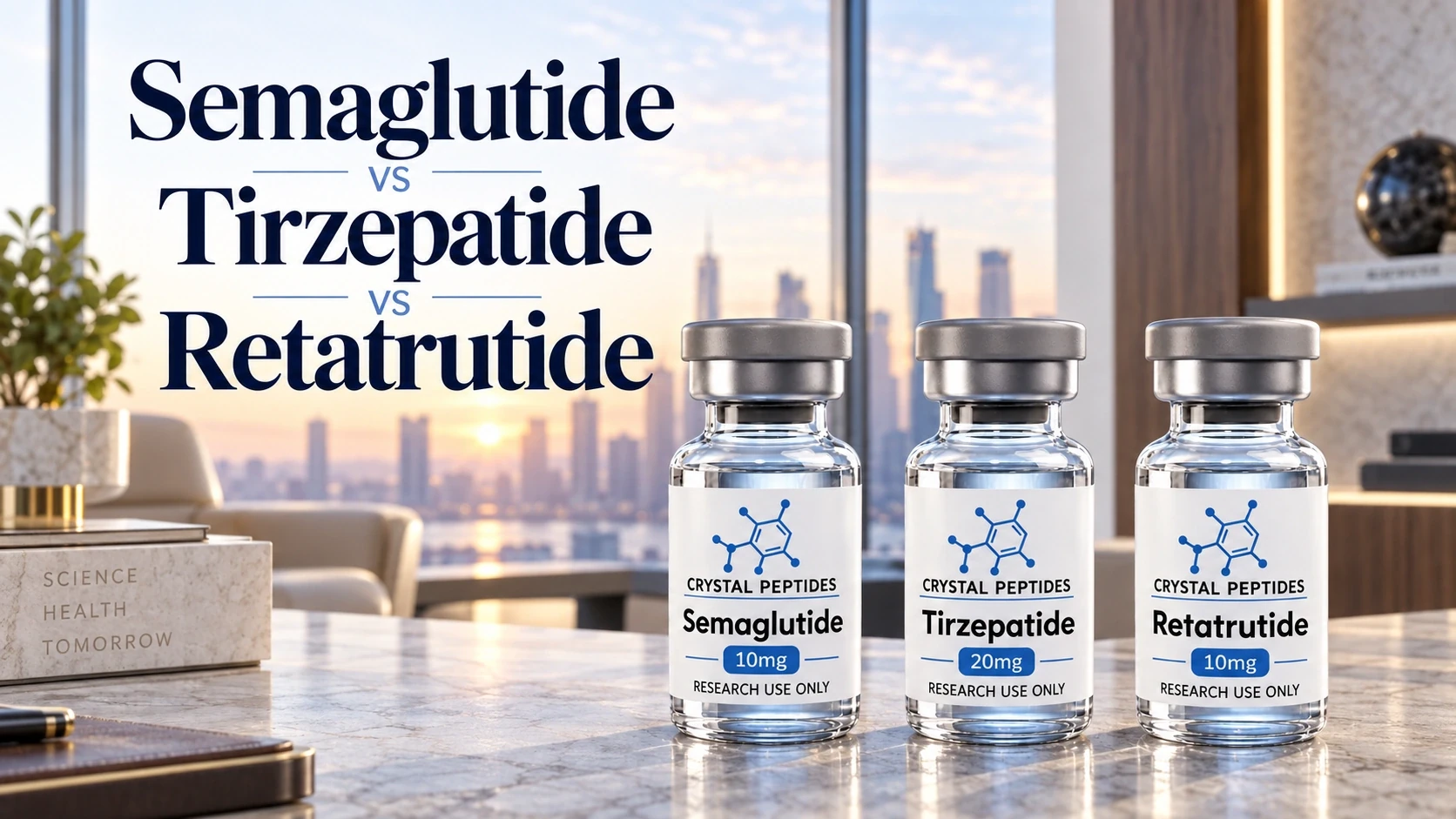 Onderzoeksflacons met Semaglutide, Tirzepatide en Retatrutide naast de titel van de vergelijking in een licht interieur.