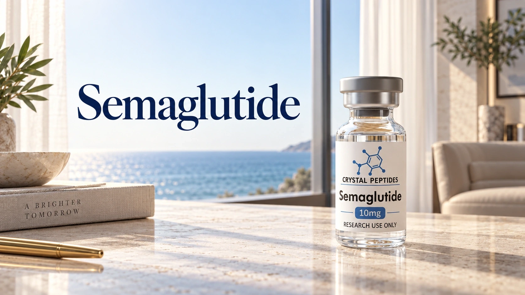 Onderzoeksflacon met Semaglutide naast een omslagtitel Semaglutide in een licht interieur aan de kust.