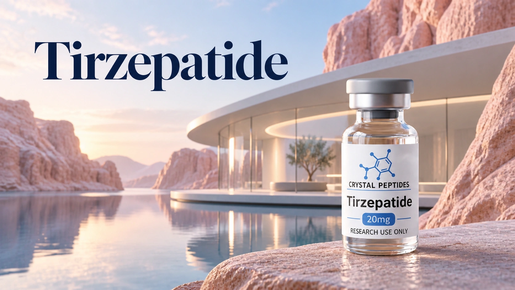 Tirzepatide research vial beside the embedded Tirzepatide cover title in a modern desert setting.