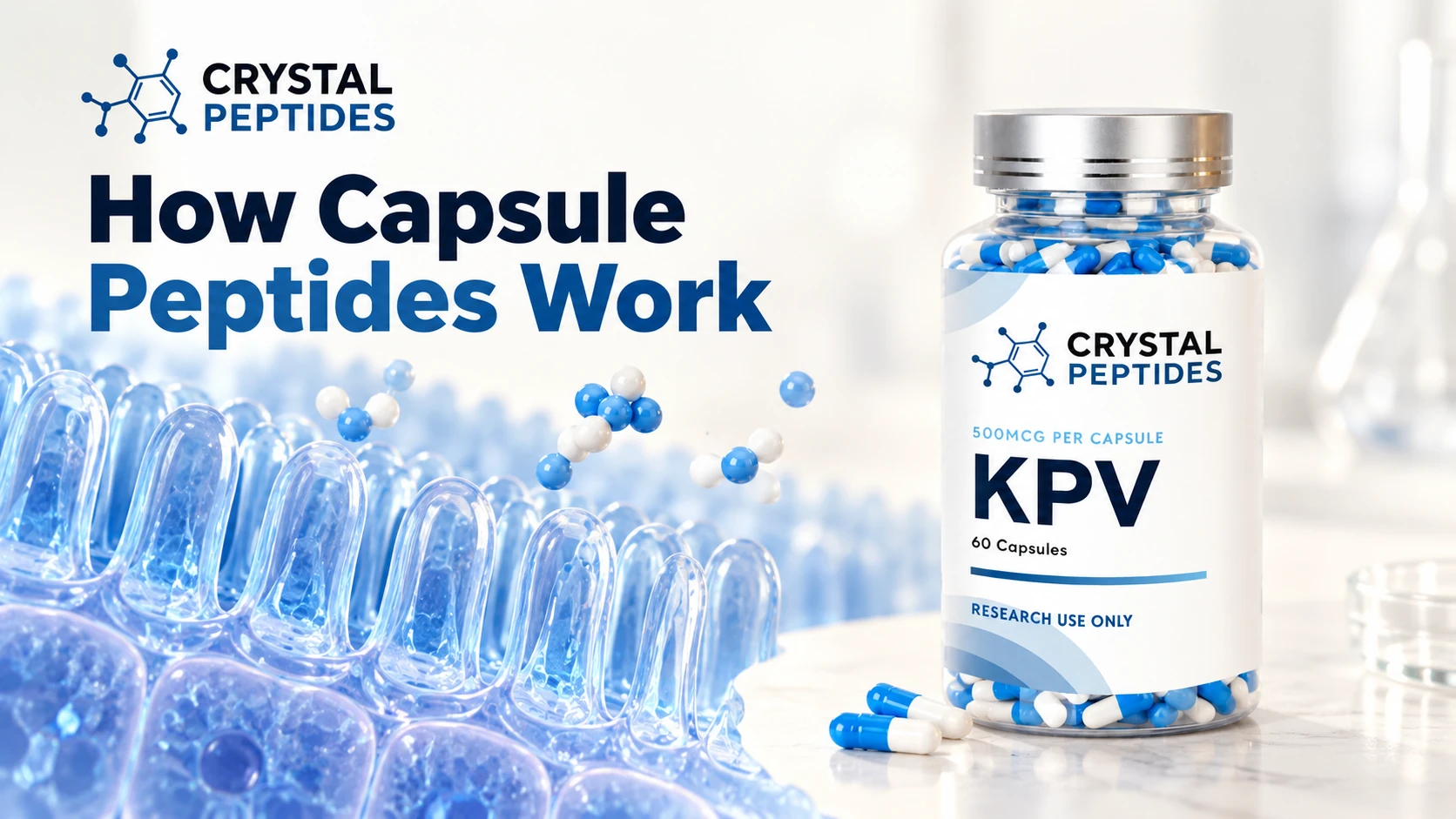 Flesje KPV-capsules van Crystal Peptides naast een conceptuele illustratie van een darmoppervlak.