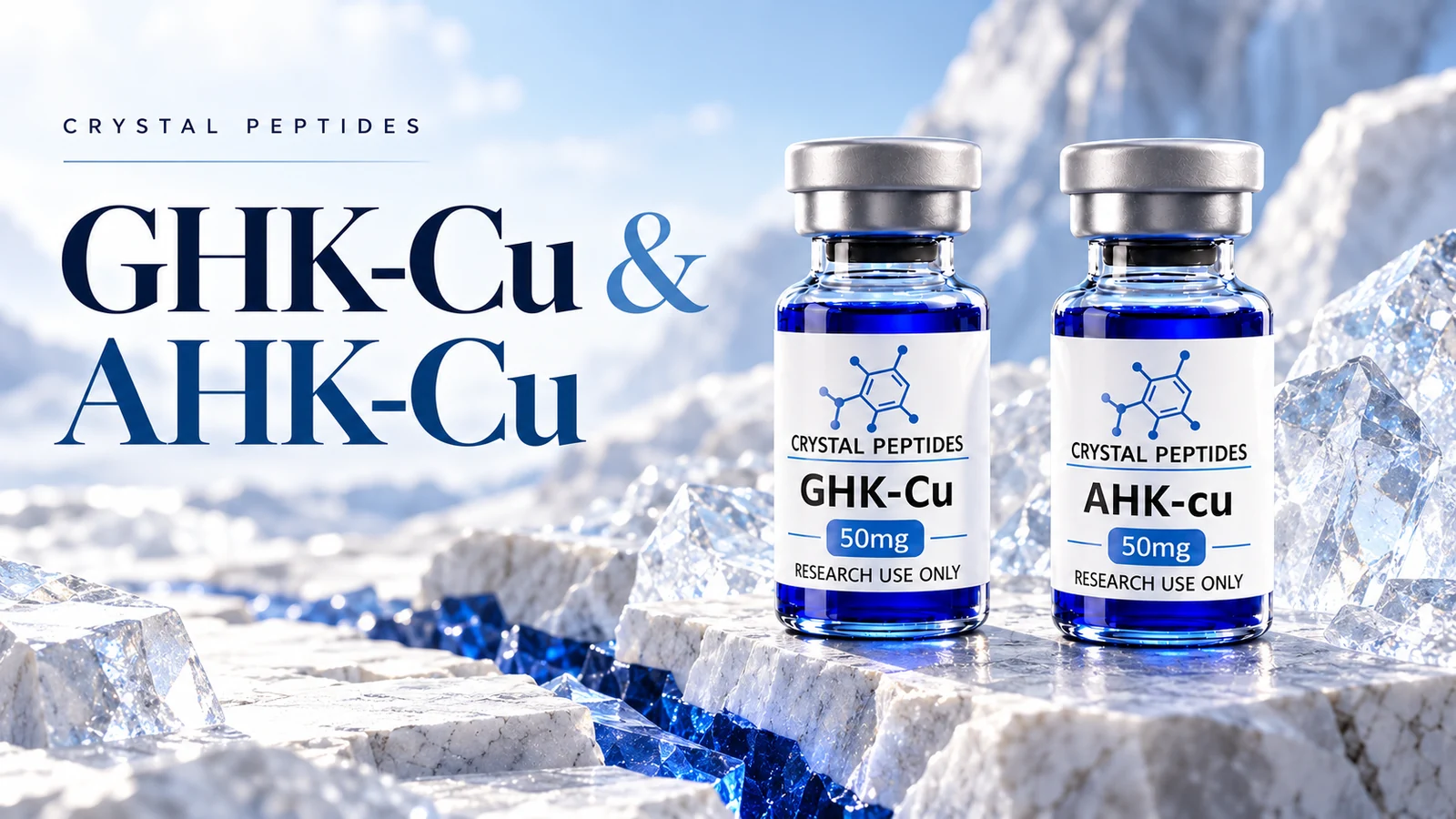 Redactionele productillustratie: GHK-Cu / AHK-Cu — Crystal Peptides.
