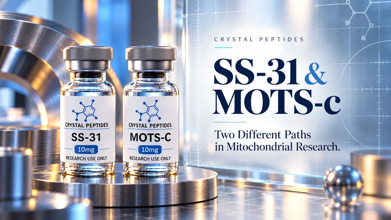 Redactionele productillustratie: SS-31 / MOTS-c — Crystal Peptides.